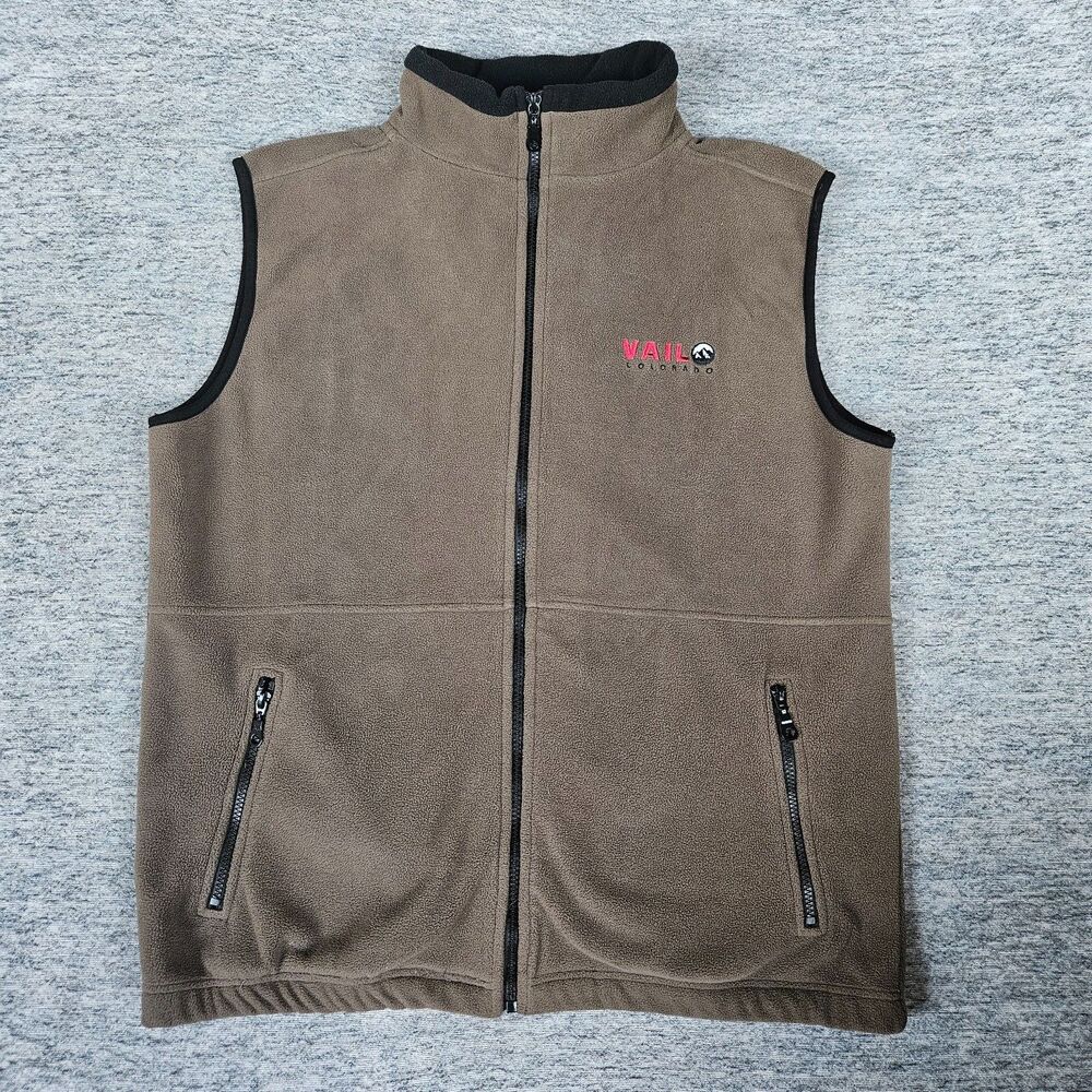 VTG 90s Vail Colorado Full Zip Brown Tan Fleece Vest Skiing Large Snowboard